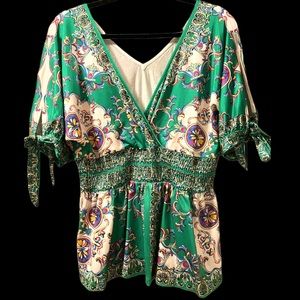 Nitt Flying Tomato Green Floral Deep V Neck Cinched Waist Tie Bow Sleeves Sz L